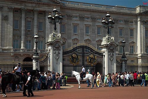 Londyn. Turyści przed pałacem Buckingham